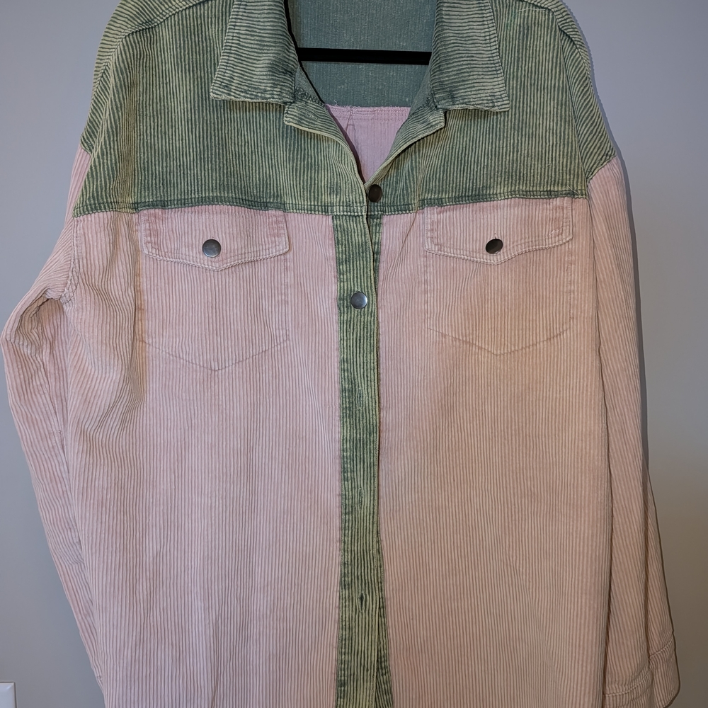 POL Green and Pink Corduroy Jean Jacket